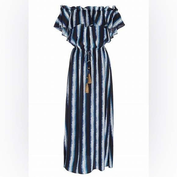 Figue 'Maya' Ruffle Sleeve Drawstring Waist Maxi Blue Stripe Dress Size‎ Medium - Picture 2 of 8